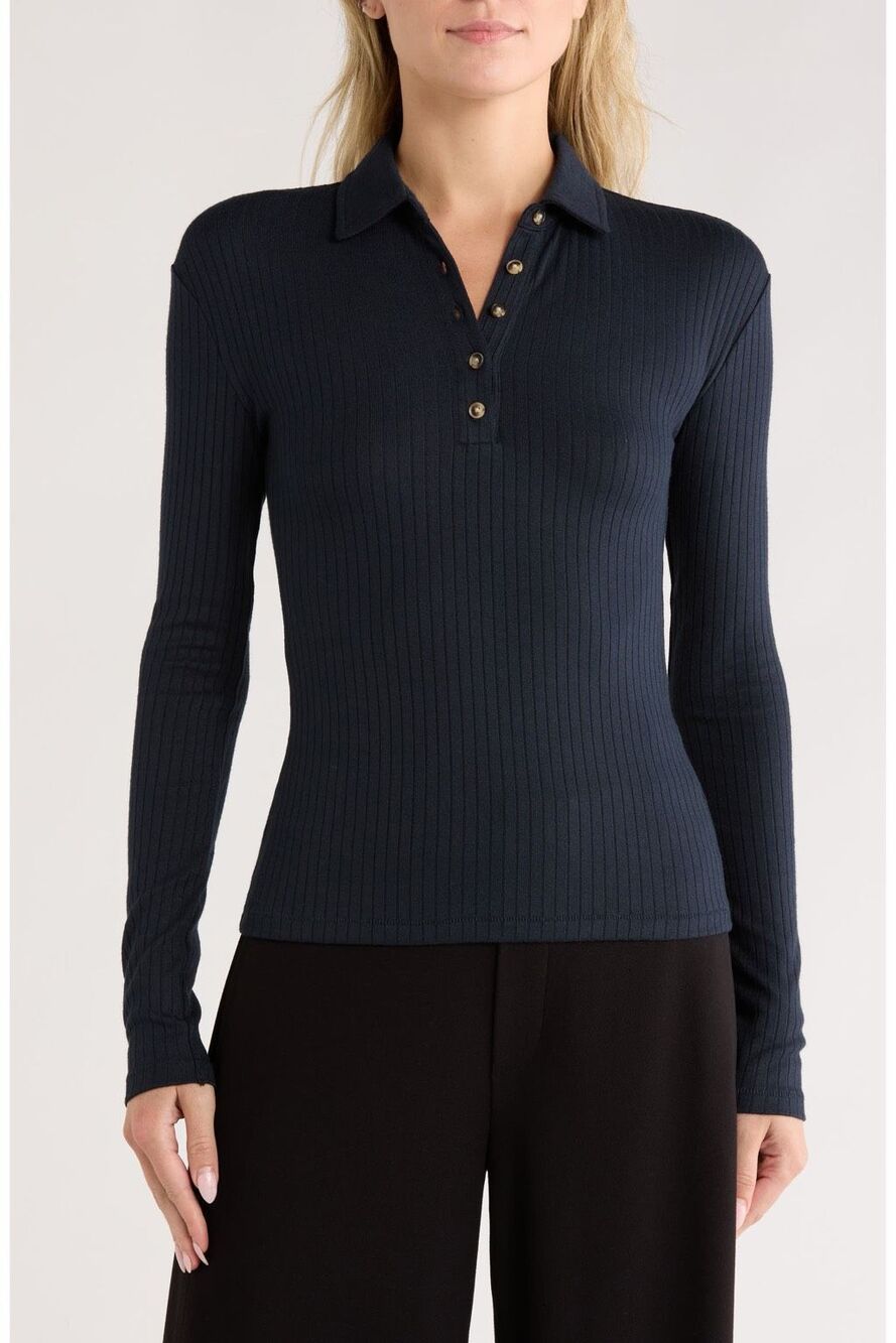 Rag & Bone $178 Rib Knit Polo Top Long Sleeve navy Blue women's XS NEW
